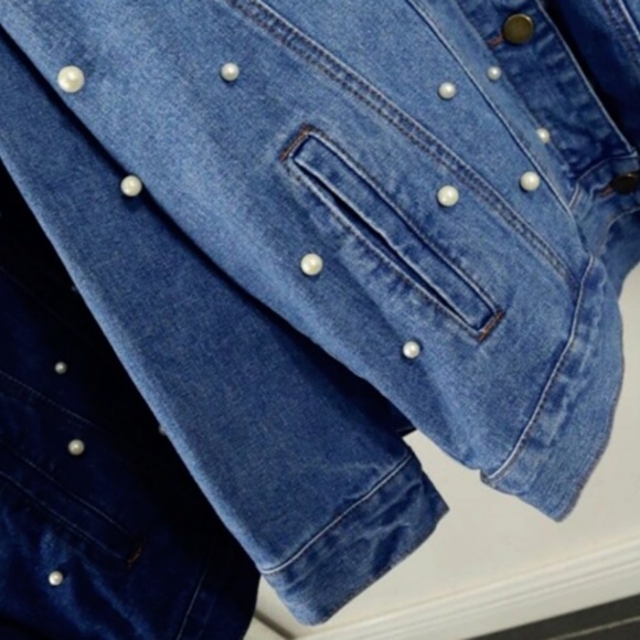  Distressed Pearl Bead Jean Denim Vintage Jacket - Picture 8 of 8